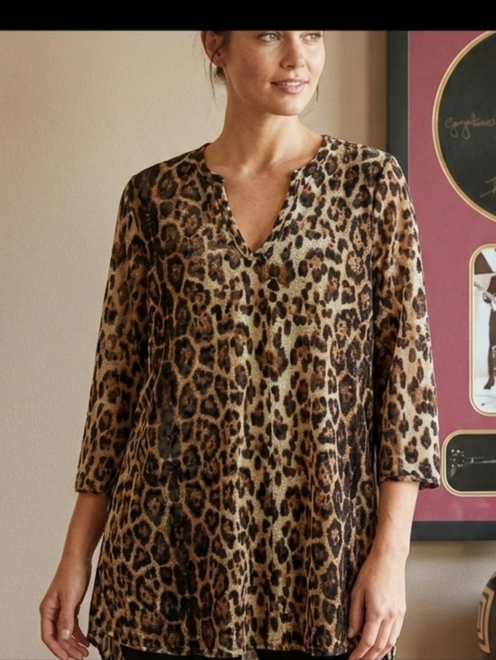 Jordan Taylor Cheetah Animal Print V Neck Translucid Tunic Small 3/4 Sleeve